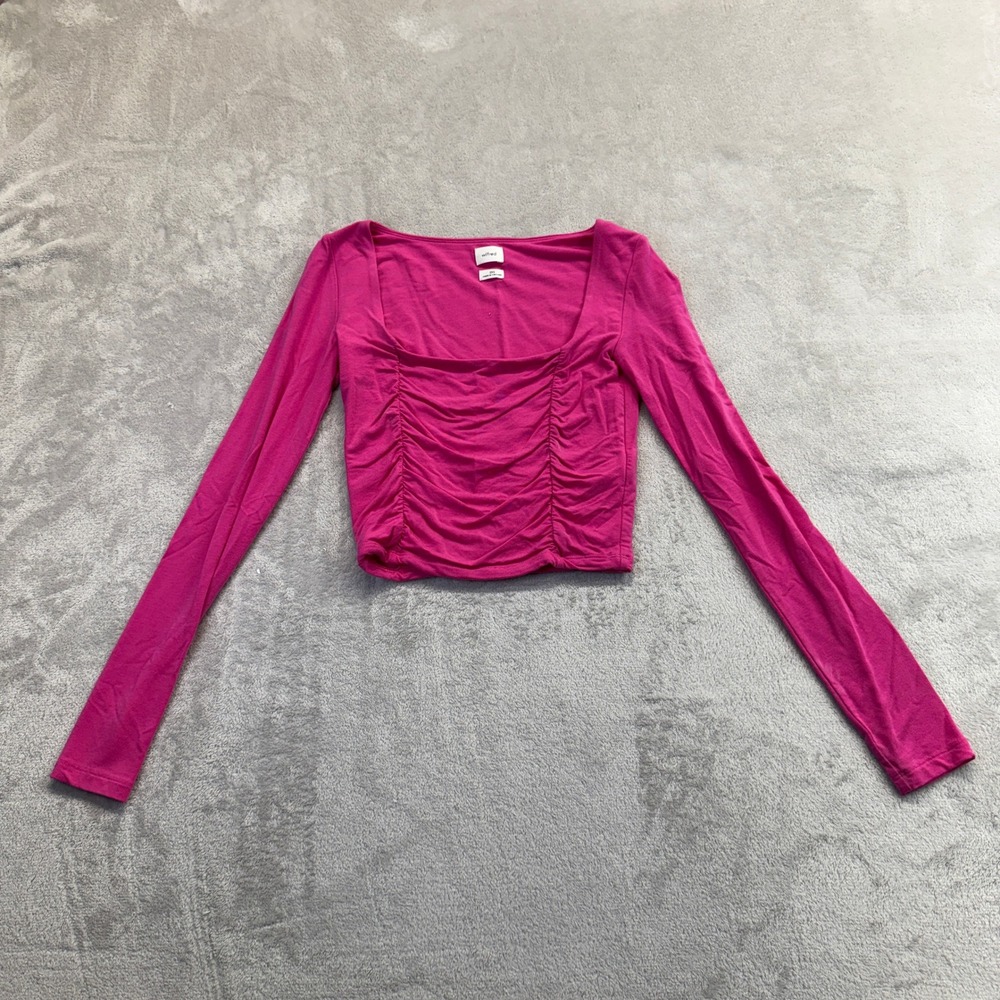 Aritzia Wilfred Shirt Women XXS Long Sleeve Pink Ruched Square Neck Cropped Top